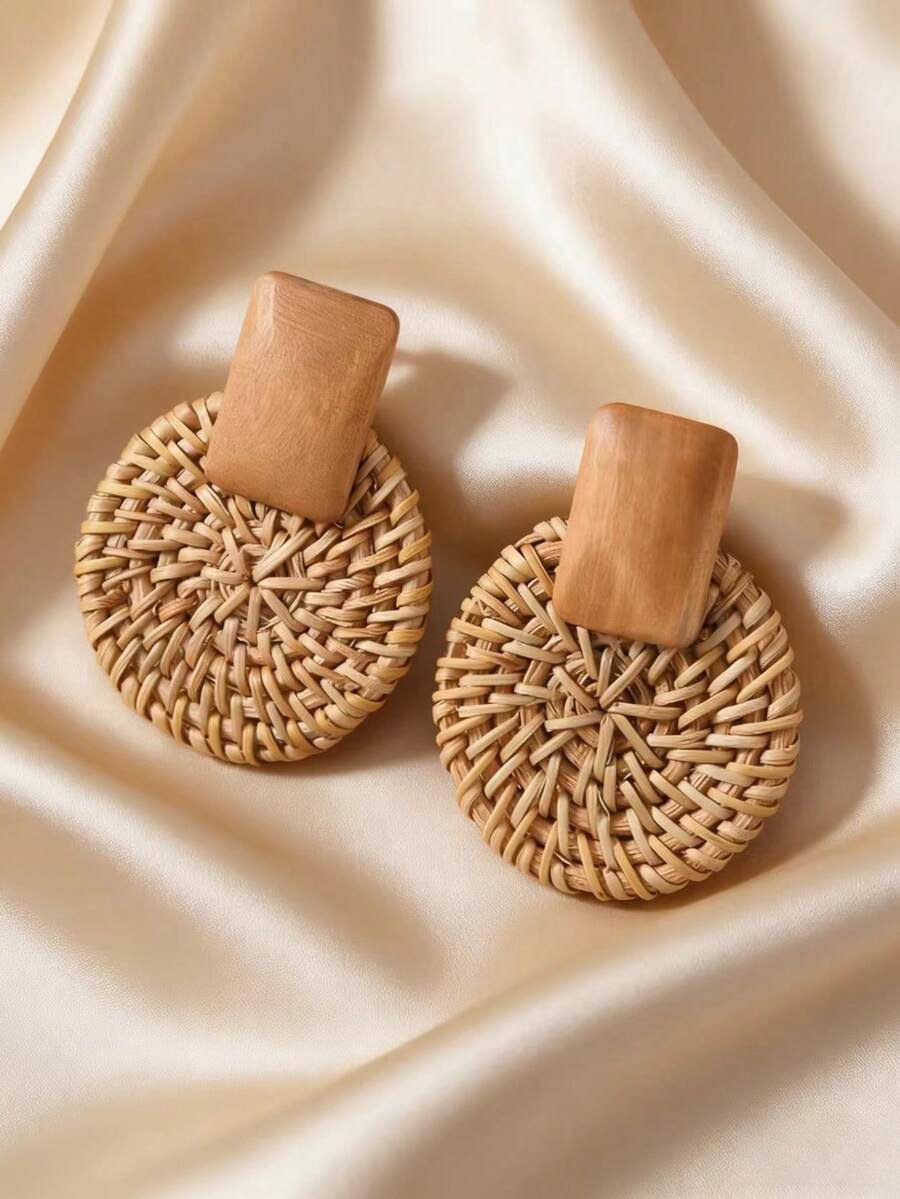 1 Pair Minimalist Bohemian Handmade Rattan Geometric Wooden Stud Earrings, Suitable For Women's Daily And Vacation Wear - Rattan B - View 1