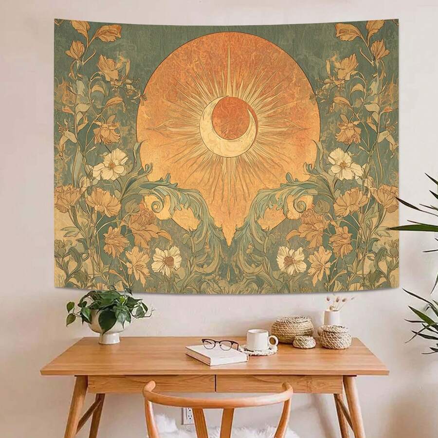 1 Pieza Tapiz Sol y Luna - Colgante de pared bohemio vintage con arte floral del sol y la luna - Decoración de pared estética soñadora para dormitorio - Colgante de pared de tela suave para interiores - 1PC - Ver 1