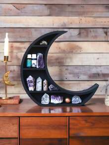 1pc Black Crescent Wooden Shelf, Starry Sky Crystal Display Rack, Bohemian Style Witchcraft Display Shelf, Mysterious Lunar Phase Storage Rack, Gothic Altar Rack, Suitable For Crystals, Essential Oils, Small Decorations, Mysterious Home Decor, Dark Academia Style Room Decor, Floating Crescent Shelf, Suitable Gift For Crystal Collectors And Witches, Rustic Style Decor - Multicolor - View 10