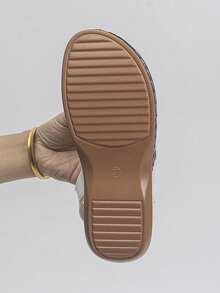 Cross-Border Oversized US Size 5-11 Summer Fashion Casual White & Brown Color Block Platform Slide Sandals, Metal Buckle Decor, Lightweight & Comfortable Wedge Heel Sandals For Women - 特級白色拼特級藍色PU - 查看 7