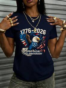 Women's Summer New Simple Fashion Slogan Print Casual Vacation Loose Fit Round Neck Short Sleeve T-Shirt, Fashionable Everyday Top, Suitable For Daily And Vacation Wear. Women's T-Shirt Top. - Navy Blue - View 7