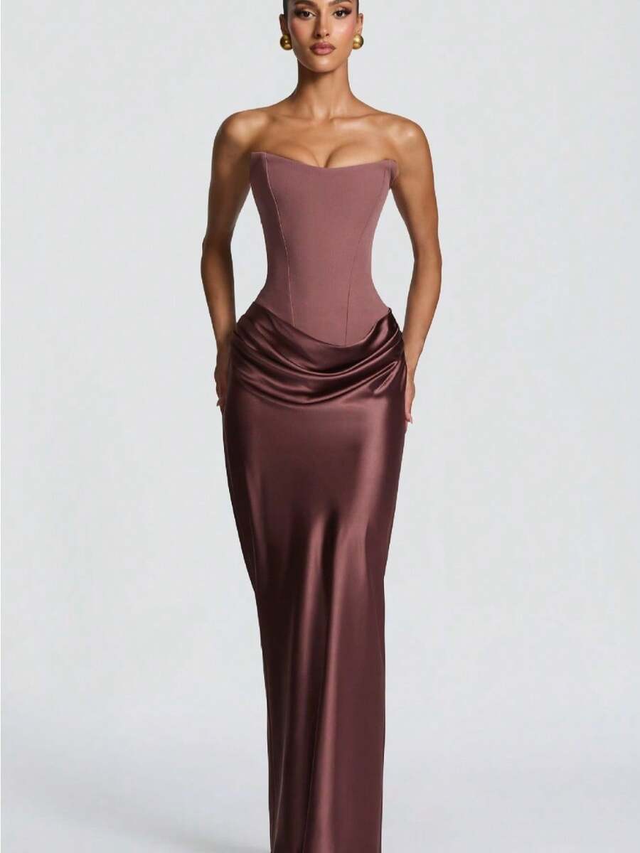 Imperial Style Fashion Temperament Elegant Women's Clothing Spicy Fish Bone Strapless Dress Waist Pleated Sexy Ribbon Satin Bread Buttocks Skirt - 酒紅色 - 查看 1