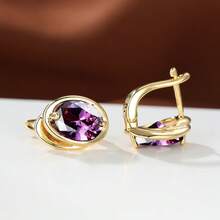 Vanel 一对别致的金色简约粉色锆石耳钩耳环，闪亮精致，适合日常佩戴和派对场合。 - 金黃色-紫色 - 查看 3