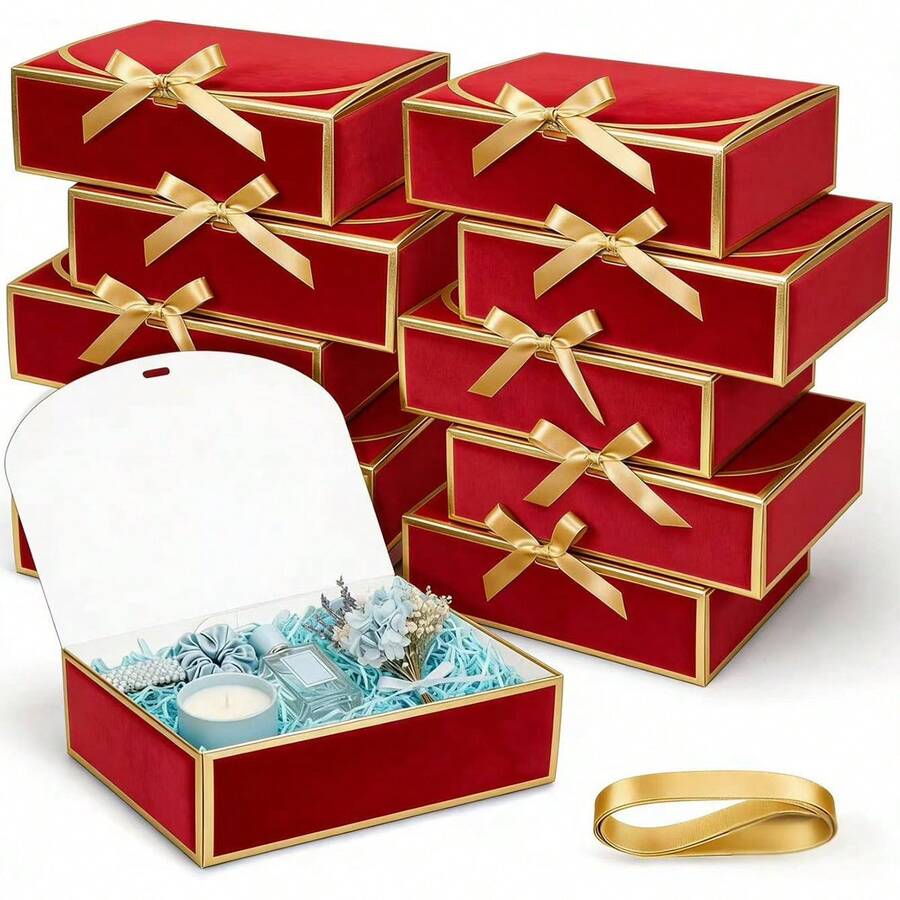 Set 10 Kotak Hadiah dengan Tutup, Kotak Merah dengan Hiasan Emas, Ukuran 10,6 x 7,8 x 3,1 Inci, Dilengkapi Pita Emas, Cocok untuk Kotak Undangan Pengiring Pengantin, Hadiah Pernikahan, Hadiah Ulang Tahun, Suvenir Pesta, Dekorasi, Hadiah Hari Valentine, Kotak Pengantin