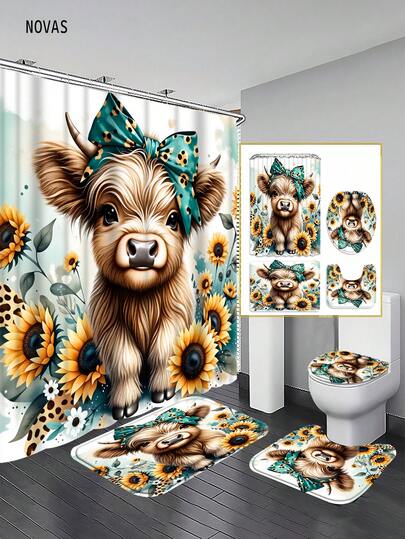Bộ 1/3/4 món rèm tắm in hình hoa hướng dương, bò tót vùng cao và báo đốm cho phòng tắm, họa tiết trang trại nông thôn, vải polyester có thể giặt được, chống thấm nước, phụ kiện trang trí phòng tắm, kèm 12 móc - Bao gồm cả bọc bồn cầu, thảm tắm và thảm trải sàn, hoàn hảo cho nhà/phòng ngủ/phòng khách/đồ dùng gia đình/mùa hè