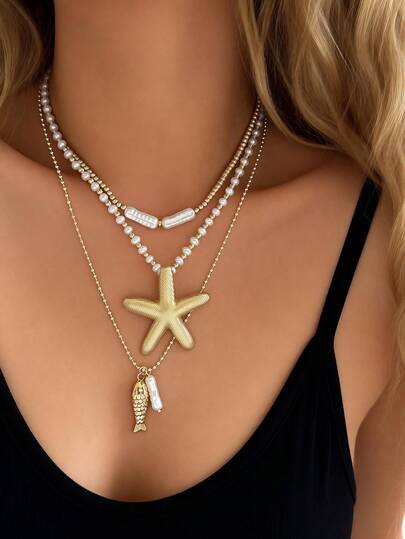 3件套波西米亚风海星和鱼形吊坠项链套装，搭配CCB仿珍珠，多层项链，适合女性，夏季海滩、派对、音乐节等场合佩戴。
