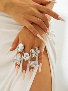 5pcs/Set Vintage Palace Style Zinc Alloy Five-Petal Flower & Resin Faux Pearl Geometric Open Ring Set, Niche Gift For Women - 29485-ring-s-eP - View 2