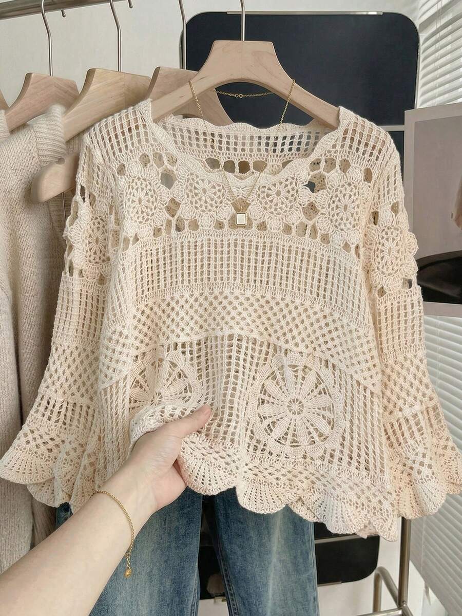 Áo kiểu Bohemian mùa hè dành cho nữ, khoét eo | Áo khoác ngoài dáng rộng có bèo nhún, thích hợp cho kỳ nghỉ, bãi biển và các lễ hội âm nhạc mùa hè. - Màu be - Xem 1