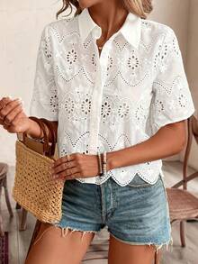 Women's Short Sleeve Hollow Out Embroidered Button-Up Blouse, Spring/Summer - White - View 2