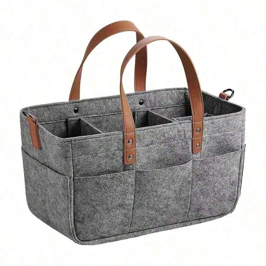 Felt Storage Tote With Multiple Pockets, Leather Handle Baby Diaper Caddy Organizer For Home & Travel Large Capacity Felt Storage Bin, Divided Handheld Basket For Nursery & Household Organization - Light Grey - View 1