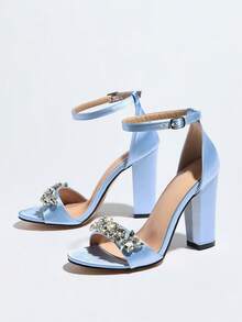 Women's Thick Heel Strap Rhinestone Metal Buckle Orange High Heel Sandals - Baby Blue - View 3