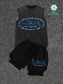 Y2K Streetwear Men's VonDutch Originals Blue Floral Graphic Print Tank Top & Drawstring Layered Shorts Two Piece Outfit - 黑色 - 查看 2