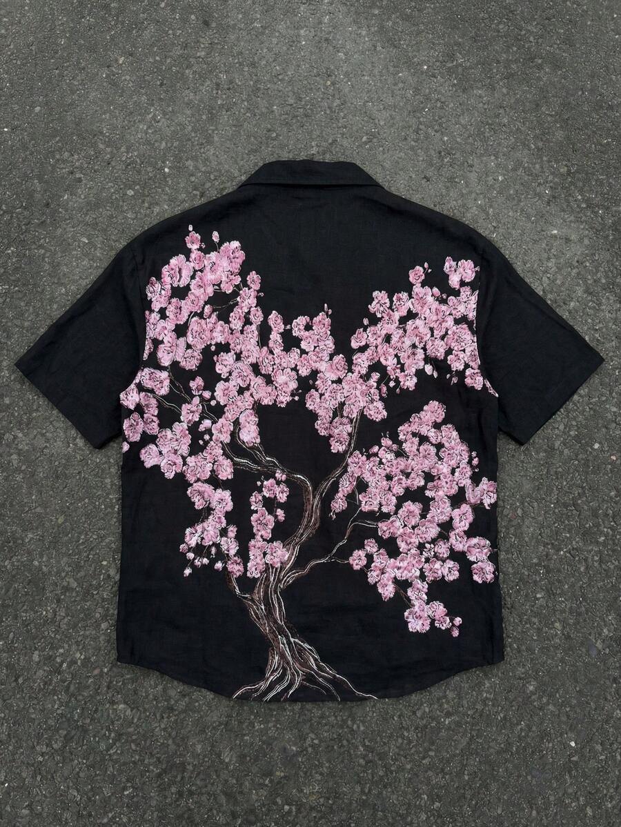 FRACTYR Men's Summer Casual Street Sakura Tree All-Over Print Short Sleeve Shirt, Reversible Graphic Design, Loose Fit, New Chinese Style, Breathable & Skin-Friendly Casual Shirt - Black - View 1