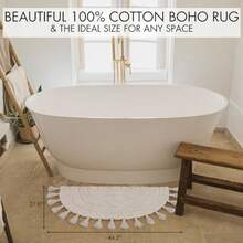 Hermosa alfombra bohemia con borlas para tu baño suave tapete de medio círculo 100% algodón se adapta perfectamente a tu hogar una bonita alfombra de ganchillo antideslizante y absorbente ideal - Beige - Ver 2