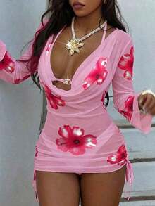 3pcs Floral Jacquard Bikini Set, New Summer Vacation Beachwear, Pearl Buckle Chiffon Camisole, Bra, Panty Swimsuit With Removable Pads, Women Summer Dress, Holiday, Skirt, Ibiza Clothing, Women Swimwear, Bikini Set, Ladies Swimsuit, Women Beach Outfit, Vacation Set, Beach Dress, Women Bikini Set - 多色 2 - 查看 5