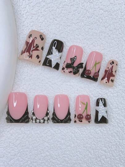 Bộ 10 móng giả Y2K hình ống - Làm thủ công, móng màu hồng, móng màu đen, móng kiểu Pháp màu đen, nghệ thuật móng 3D hình quả anh đào thủ công, họa tiết da báo vẽ tay và ngôi sao trắng, trang trí ngọc trai trắng lấp lánh và nơ đen, móng tay tinh tế, duyên dáng - Hoàn hảo cho các bữa tiệc và trang phục thường ngày, món quà ngày lễ hoàn hảo cho phụ nữ và các cô gái