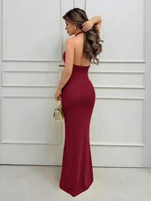 Elegant Yellow Cream Sexy Deep V-Neck Dress Women, Spring/Summer,Fall,Wedding Guest Dress Formal Dresses Wedding Guest - 酒紅色 - 查看 2
