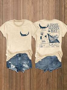 Manta Ray Anatomy Diagram, Giant Oceanic Manta Ray, Marine Biology Nautical Pattern Print, Crew Neck T-Shirt, Short-Sleeved Comfortable Cotton T-Shirt - Màu be - Xem 6