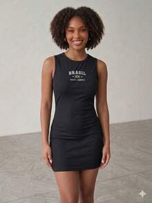 Brazilian Women's Short Fitted Dress Set With Embroidery On Premium Ribbed Knit Fabric - Sporty, Casual, Sensual Cup Style, Casual Knit - 黑色/藏青色 - 查看 3