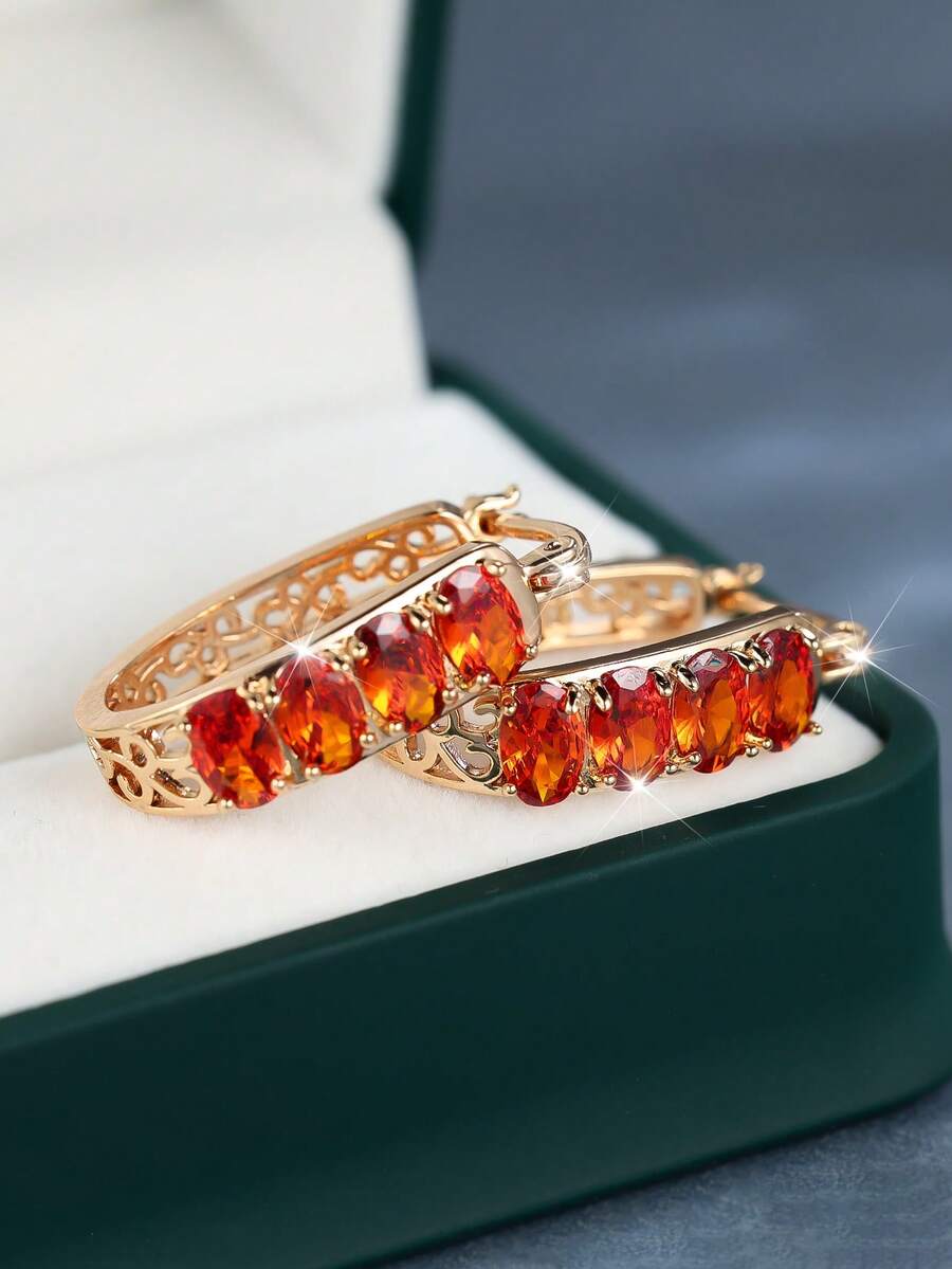 Vanel 1 paire de boucles d'oreilles ovales délicates en CZ doré champagne pour femmes, boucles d'oreilles minimalistes de style créoles pour un port quotidien, bijoux de mode pour le bureau, cadeau élégant de bureau pour elle - Rouge doré - Voir 1