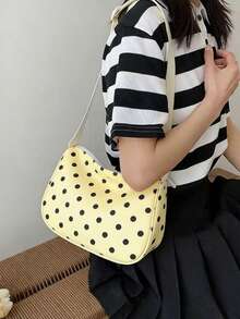 Bolso de estilo coreano con diseño de nicho de lunares y contraste de colores, adecuado para estudiantes universitarios, bolso de hombro, bolso cruzado, para ir y venir, salir, compras diarias, bolso de lona con lunares, bolso de campus - Amarillo - Ver 4