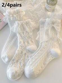 2/4 đôi tất nữ cổ cao đến giữa bắp chân, kiểu dáng sinh viên, tất mặc nhà khi đi du lịch, nhiều màu ngẫu nhiên. - trắng - Xem 4