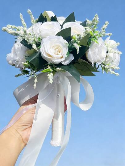 Bó hoa cưới hoa hồng nhân tạo màu trắng với ruy băng ngọc trai, bó hoa cầm tay cho cô dâu, phù dâu, lễ đính hôn và trang trí tiệc cưới.