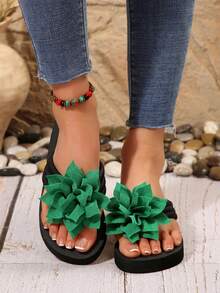 Nuevas sandalias de plataforma con flores 3D para mujer en verano, sandalias de dedo con tela suave y flores, suela antideslizante y resistente al desgaste, que estilizan y no cansan los pies, zapatos para playa y vacaciones, de uso interior y exterior, estilo de bosque de hadas, al estilo de las influencers de INS, que combinan con cualquier atuendo, casuales para estudiantes y viajes, con estilo de verano - Verde - Ver 1