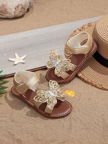 1 Pair Gold Girls' Flat Sandals, Soft & Comfortable, Colorful Bowknot Decor, Closure Round Toe, Soft Non-Slip Sole, Fashionable Bohemian Cute Princess Beach Sandals, Suitable For Daily Casual, Beach, Holiday, Party, Spring/Summer 2026 - Gold - View 7