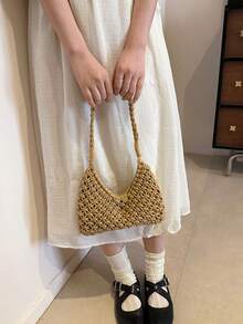 Tas Selempang Pantai Anyaman Tangan Kapasitas Besar Serbaguna untuk Musim Panas dan Kasual - Khaki - View 8