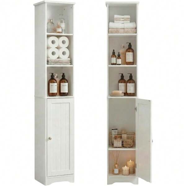 Narrow Cabinet, 67" Tall Slim Bathroom Storage Cabinet 12" Wide White Skinny Linen Cabinet With 3 Open Shelves Single Door Adjustable Shelf Space Saving Corner Pantry