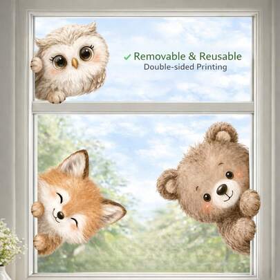 Cute Peeking Owl Fox Bear Window Clings - Peel & Stick Removable Reusable Double-Sided No Glue Decals For Kids Room Nursery Bedroom Glass Window Decor