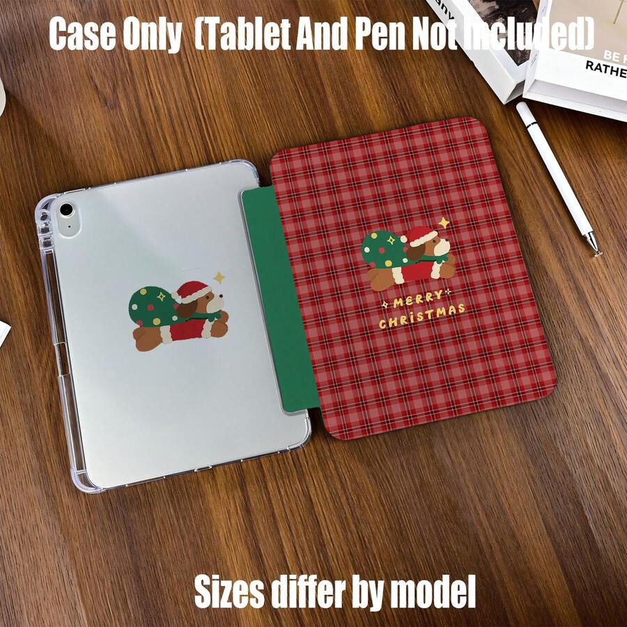Ốp bảo vệ máy tính bảng gập 3 với khe đựng bút chì. Họa tiết kẻ caro đỏ in toàn bộ bề mặt, ốp gập 3 có khe đựng bút chì, hình chú chó con Giáng sinh và chó Dachshund may mắn. Đặc điểm của ốp bảo vệ máy tính bảng: Thiết kế chân đế gập 3, mặt trái có bề mặt mờ, mặt lưng mềm trong suốt, khe đựng bút chì tích hợp, các đường cắt chính xác, nhẹ và dễ mang theo. Tương thích với các máy tính bảng phổ biến: Mini 4/5 (7.9 inch), Mini 6 (8.3 inch), 9.7 inch, 10.2 inch, 10.5 inch