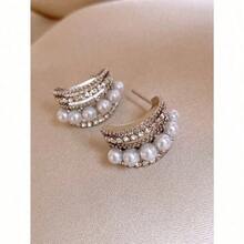 Perfect Round Imitation Seawater Cold Light Australian White Pearl Earrings C Type Multi-Layer Zirconium-Inlaid Stud Earrings French Light Luxury High-End Earrings - 多色-1 - 查看 5