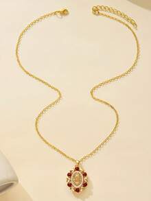 1 chiếc mặt dây chuyền hình oval sang trọng, tôn giáo, khắc họa chân dung Đức Mẹ Đồng Trinh, men đỏ rỗng, viền hoa hồng đỏ và khảm đá Zirconia siêu nhỏ, hình trái tim thanh lịch dành cho nữ. - vòng cổ - Xem 5