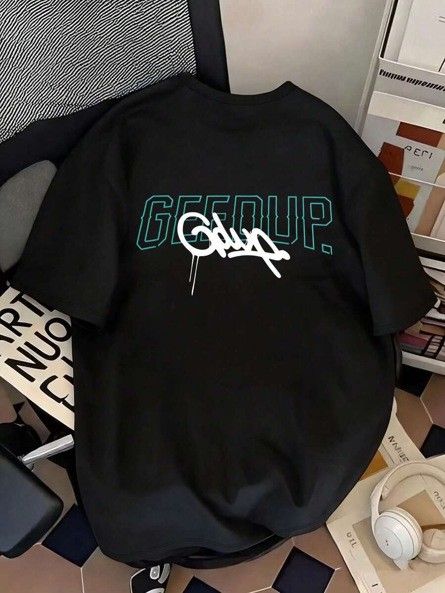 Áo thun nam in chữ kiểu dáng thường ngày, áo đôi cổ tròn tay ngắn, thích hợp cho mùa xuân/hè, ngày Valentine. - màu đen - Xem 1