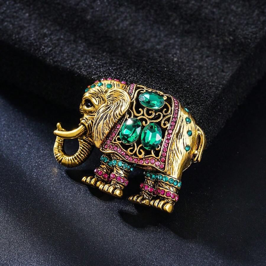 1pc Vintage Distressed Rhinestone Elephant Brooch, Exotic Auspicious Elephant Pin, Unisex Suit/Coat Accessory - Elephant - View 1