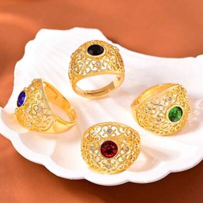 1pc Vintage 18k Gold-Plated Copper Ring With Synthetic Zirconia, Gold-Colored Fashionable Women's Jewelry, Suitable For Daily Wear, Festive Parties, And Accessories For All Seasons.