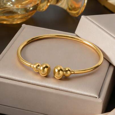 1pc Minimalist 18k Gold-Plated Double Ball Stainless Steel Open Bracelet Casual Style For Women Daily Wear,Fashionable Versatile Jewelry