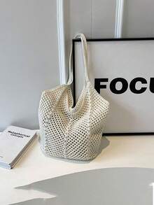 编织女士手提包，时尚托特单肩包，沙滩旅行草编包 - 彩色 - 查看 9