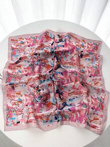 1pc Women's Elegant Retro Printed Lightweight Satin-Like Square Scarf, Bohemian Vintage Casual Scarf, Shawl, Thin & Comfortable Headscarf, Suitable For Spring/Summer Daily Wear And Outings - Pink - View 2