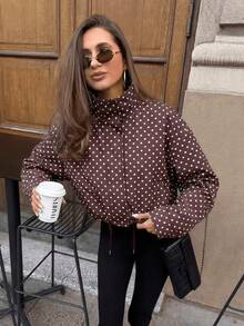 GDDYIN Chaqueta casual de mujer con cuello alto, cremallera y cordón, con estampado de lunares, nueva para primavera - Marrón - Ver 4