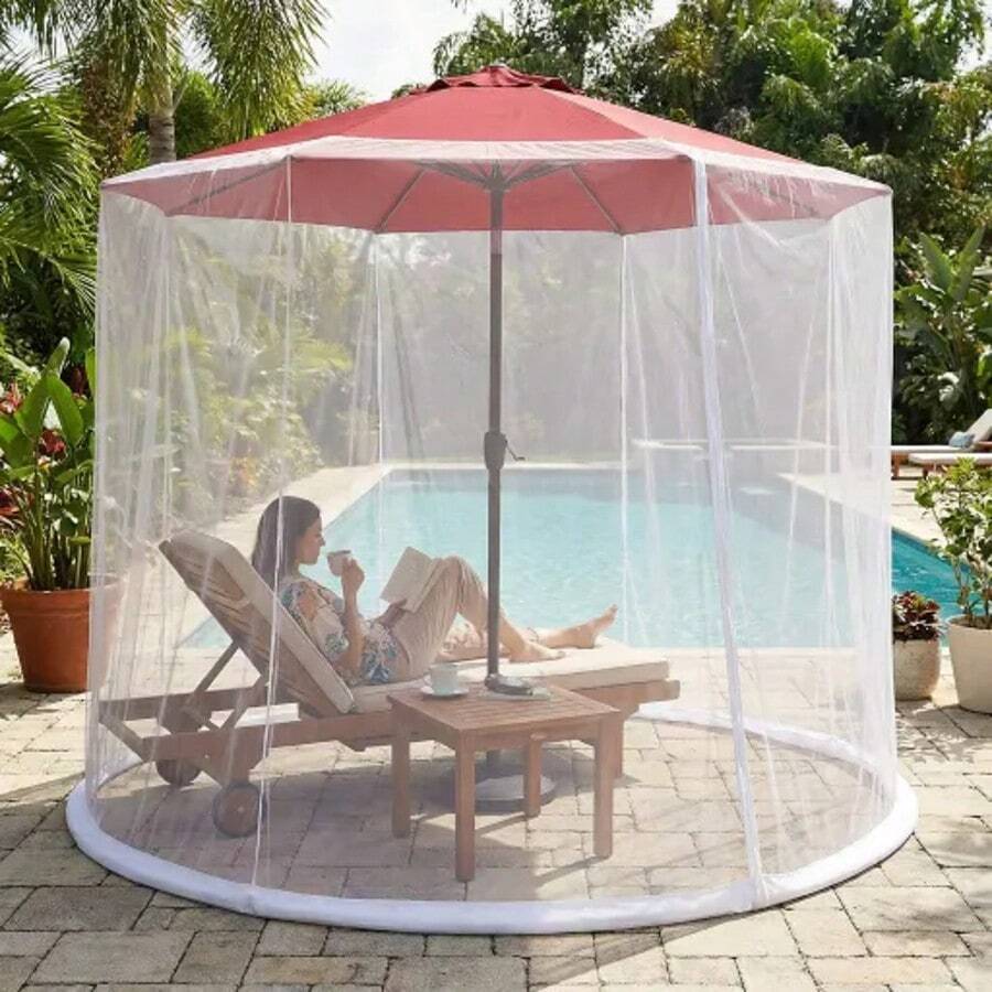 Center Pole Umbrella With Mosquito Net, 2-In-1 Waterproof Windproof Patio Sun Shade Shelter With Mesh Canopy For Garden Backyard Camping Beach - Sun Protection Umbrella With Netting - 白色 - 查看 1