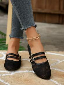Giày bệt nữ kiểu phương Tây, phong cách Bohemian, khoét rỗng, mũi tròn, thiết kế một quai, ren thoáng khí, thích hợp cho các bà mẹ và bà ngoại. - màu đen - Xem 3