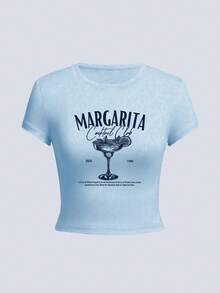 1 chiếc áo thun ngắn tay dáng crop dành cho nữ - In hình "Câu lạc bộ cocktail Margarita" cổ điển, phong cách retro sinh viên, áo crop cổ tròn mềm mại, thoáng khí, thích hợp cho bữa ăn sáng muộn, tiệc cocktail, tụ họp cuối tuần, mặc thường ngày, tuyệt vời cho những người yêu thích cocktail và các cô gái tuổi teen mùa hè. - Màu xanh nhạt - Xem 2