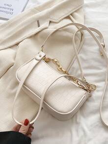 新款时尚经典小丑图案PU防水M字母印花设计金属链条装饰法棍单肩包，适合购物 - 米色 - 查看 3