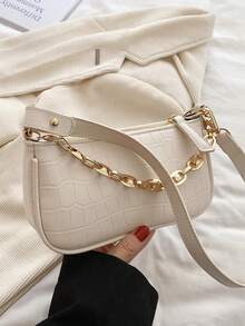 新款时尚经典小丑图案PU防水M字母印花设计金属链条装饰法棍单肩包，适合购物 - 米色 - 查看 4