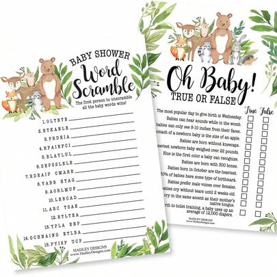 Bộ trò chơi tiệc mừng em bé (20/40 món) dành cho khách mời, trò chơi sắp xếp chữ theo chủ đề rừng cây, đúng hay sai, trò chơi tiết lộ giới tính (có tùy chọn A/B)