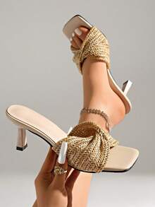 Giày sandal cao gót nữ, chất liệu vải lanh dệt, kiểu dáng bohemian thời trang và thanh lịch, phù hợp cho các bữa tiệc mùa xuân/hè, đám cưới, tiệc chiêu đãi, đi làm hàng ngày, màu kaki. - Màu Khaki - Xem 1