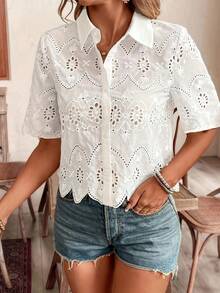 Women's Short Sleeve Hollow Out Embroidered Button-Up Blouse, Spring/Summer - White - View 1